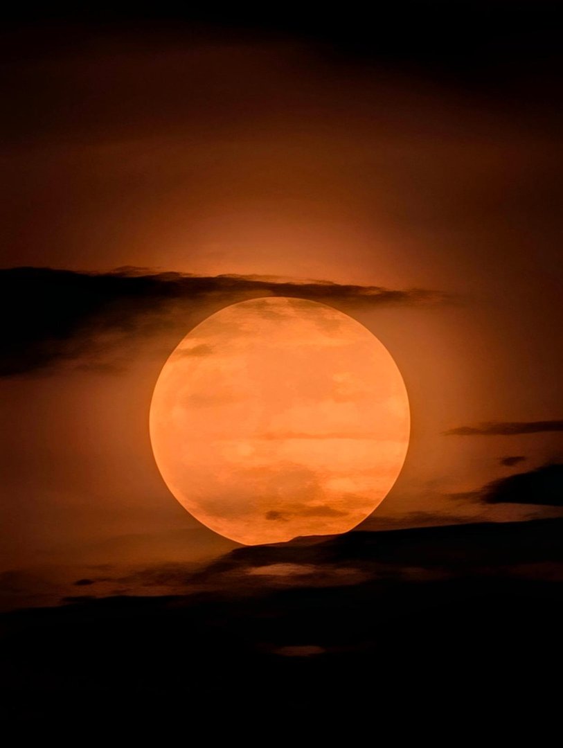 Foto de la luna llena el pasado 31 de mayo.
Estaba muy bajita, por eso se ve tan naranja.
Hecha con un zoom 100x  del movil.